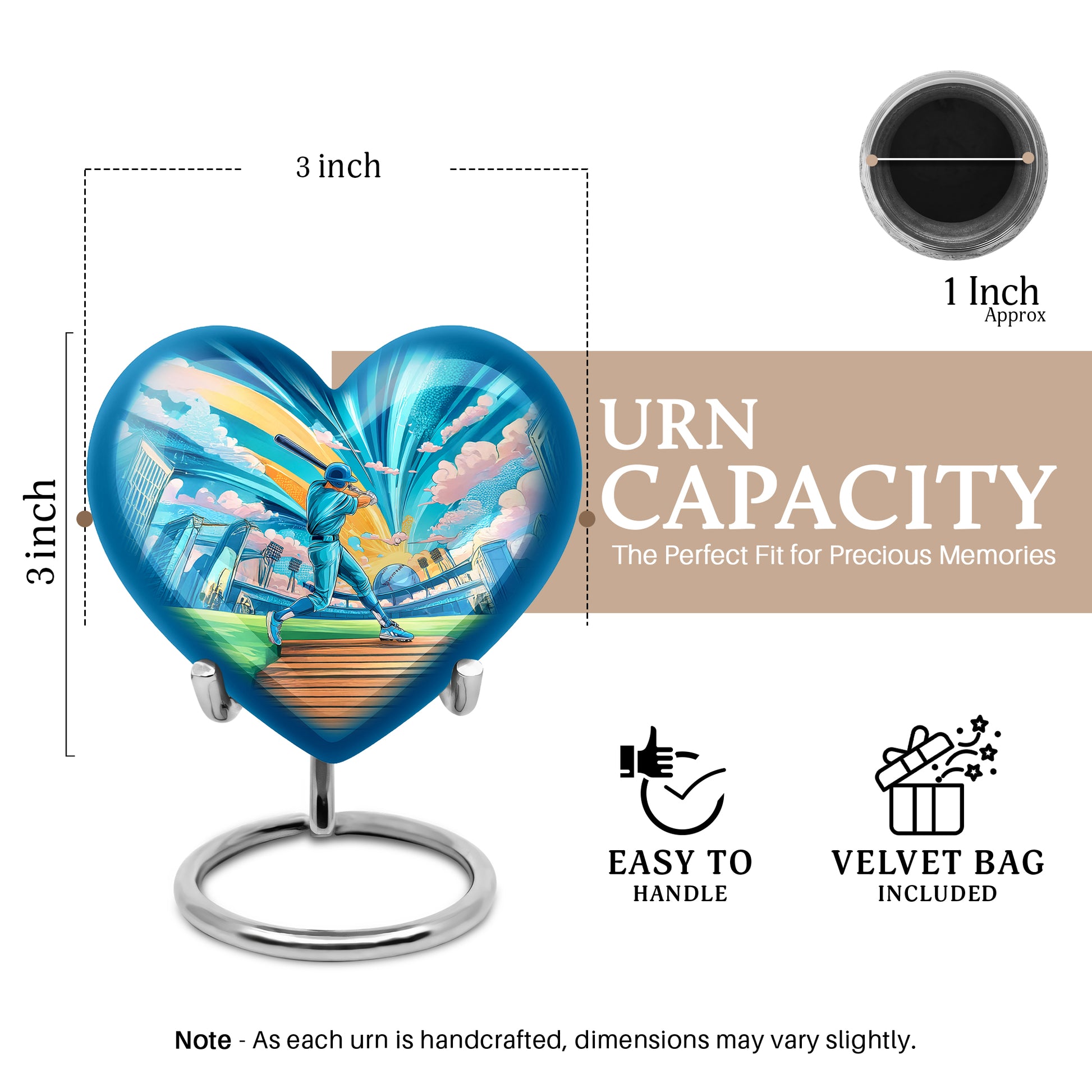 Ocean Teal Baseball Cremation Urn front view showing detailed design - heart-shaped baseball design symbolizing eternal love - mini keepsake memorial for portion of cremation ashes