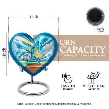 Ocean Teal Baseball Cremation Urn front view showing detailed design - heart-shaped baseball design symbolizing eternal love - mini keepsake memorial for portion of cremation ashes