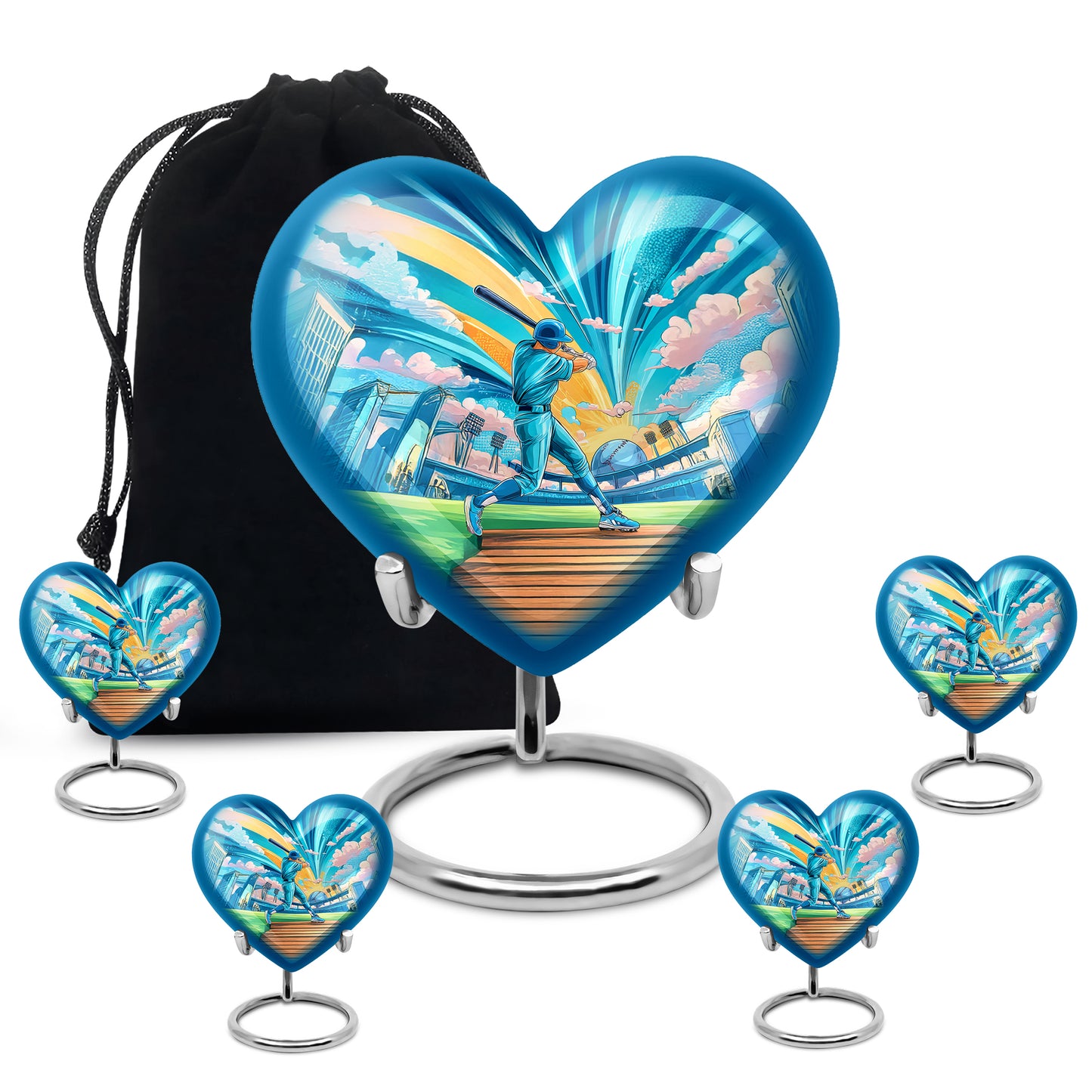 Jewel Teal Baseball Cremation Urn close-up of engraving and surface detail - heart-shaped baseball design symbolizing eternal love - memorial set with one large and four small urns