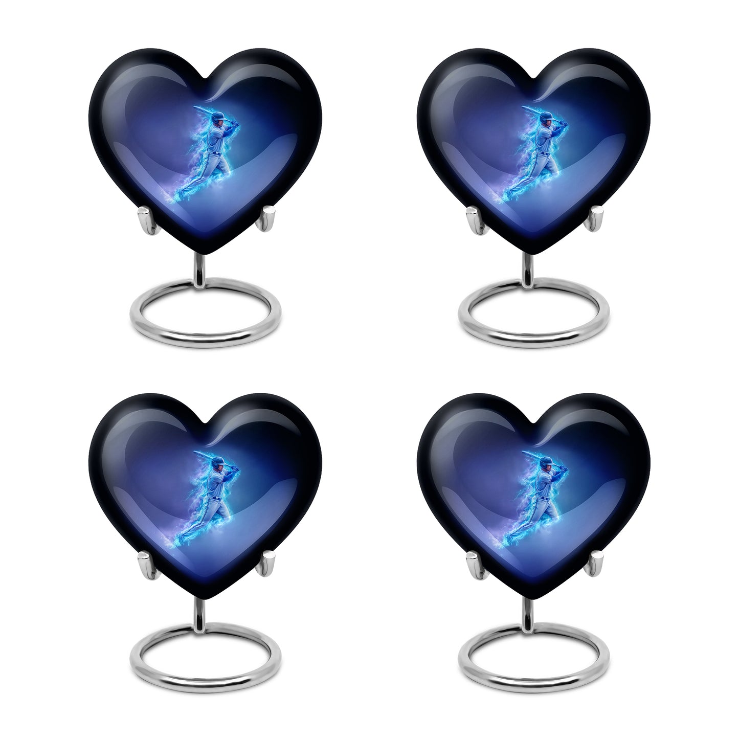 Cornflower Blue Baseball Cremation Urn angled view of lid and engraved motif - romantic heart urn with baseball motif on aluminum - 10 inch aluminum urn for cremated remains