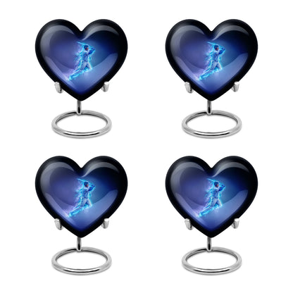 Cornflower Blue Baseball Cremation Urn angled view of lid and engraved motif - romantic heart urn with baseball motif on aluminum - 10 inch aluminum urn for cremated remains