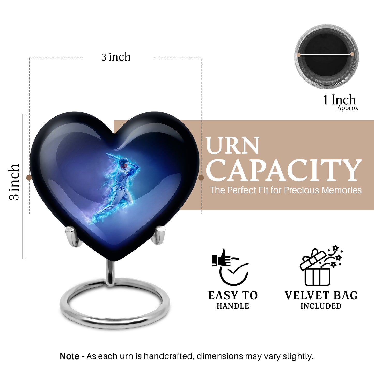 Azure Baseball Cremation Urn front view showing detailed design - loving heart memorial featuring baseball pattern - mini keepsake memorial for portion of cremation ashes