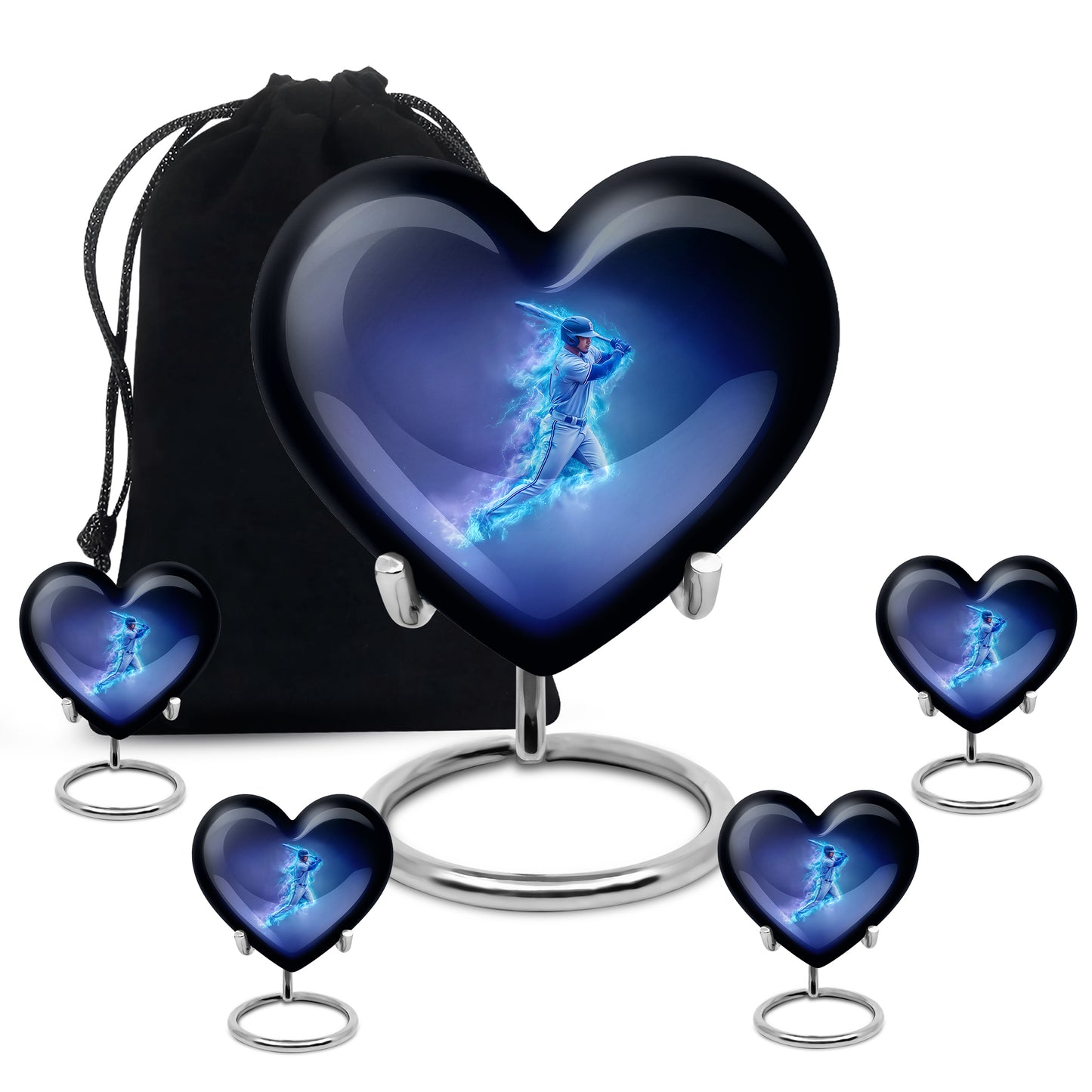 Cornflower Blue Baseball Cremation Urn close-up of engraving and surface detail - compassionate heart-baseball combination with gentle curves - memorial set with one large and four small urns