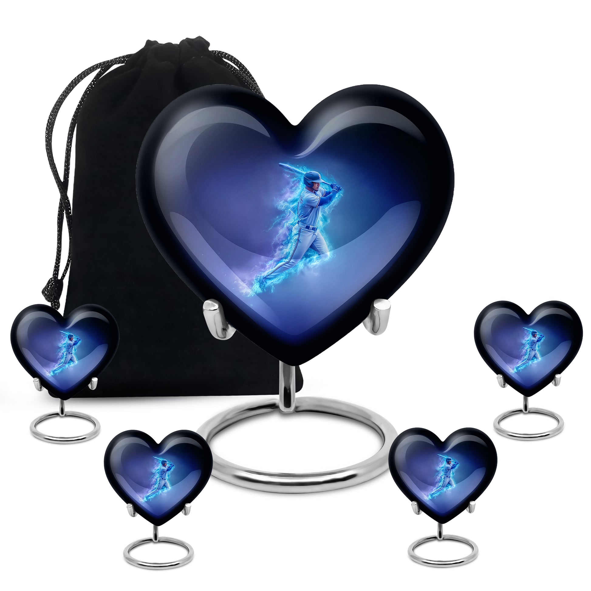 Cornflower Blue Baseball Cremation Urn close-up of engraving and surface detail - compassionate heart-baseball combination with gentle curves - memorial set with one large and four small urns