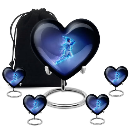 Cornflower Blue Baseball Cremation Urn close-up of engraving and surface detail - compassionate heart-baseball combination with gentle curves - memorial set with one large and four small urns
