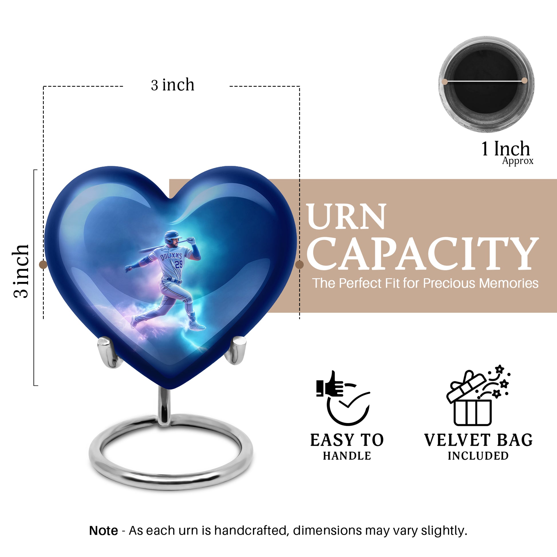 Sky Blue Baseball Cremation Urn front view showing detailed design - loving heart memorial featuring baseball pattern - mini keepsake memorial for portion of cremation ashes
