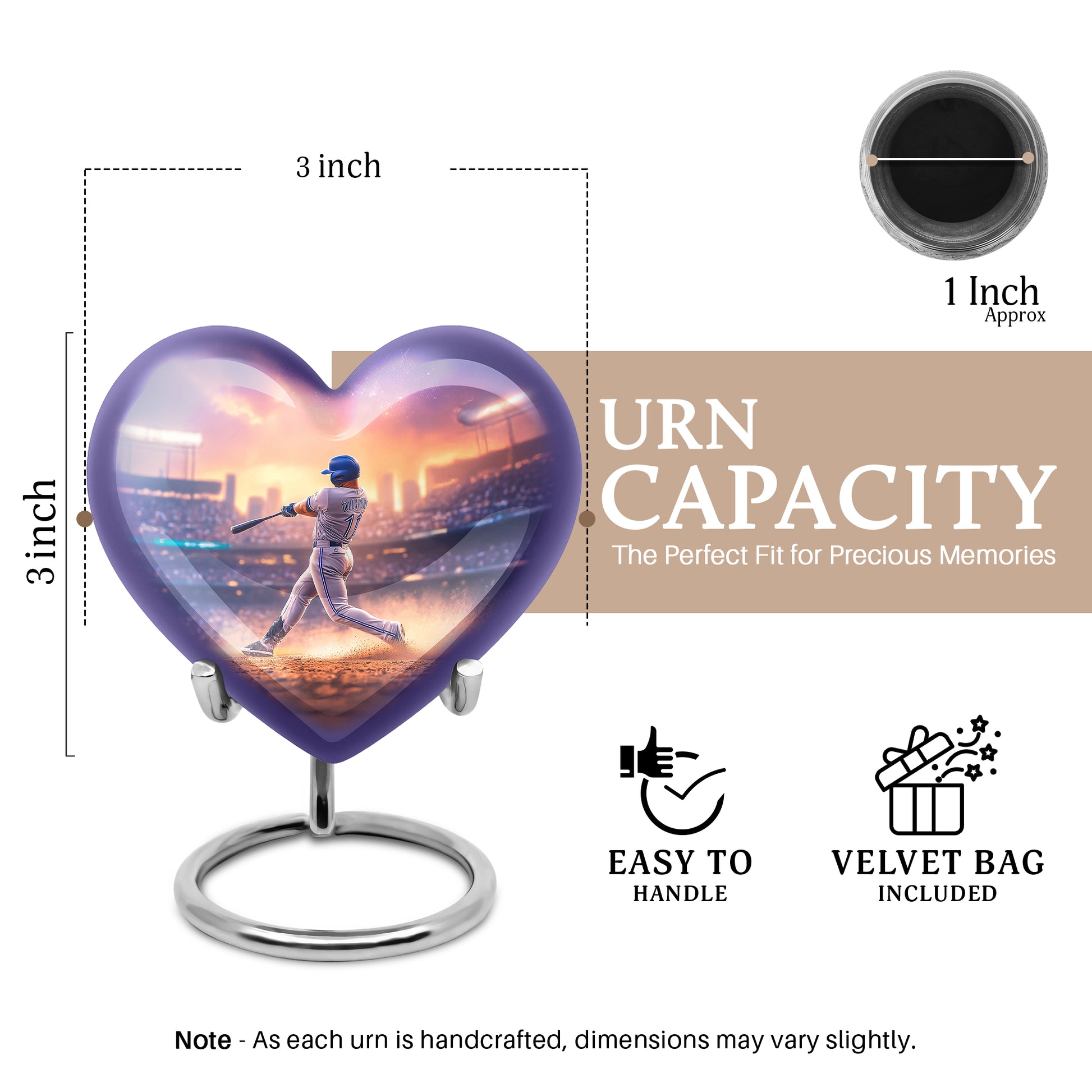 Soft Pink Baseball Cremation Urn front view showing detailed design - romantic heart urn with baseball motif on aluminum - mini keepsake memorial for portion of cremation ashes