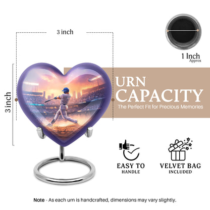Soft Pink Baseball Cremation Urn front view showing detailed design - romantic heart urn with baseball motif on aluminum - mini keepsake memorial for portion of cremation ashes