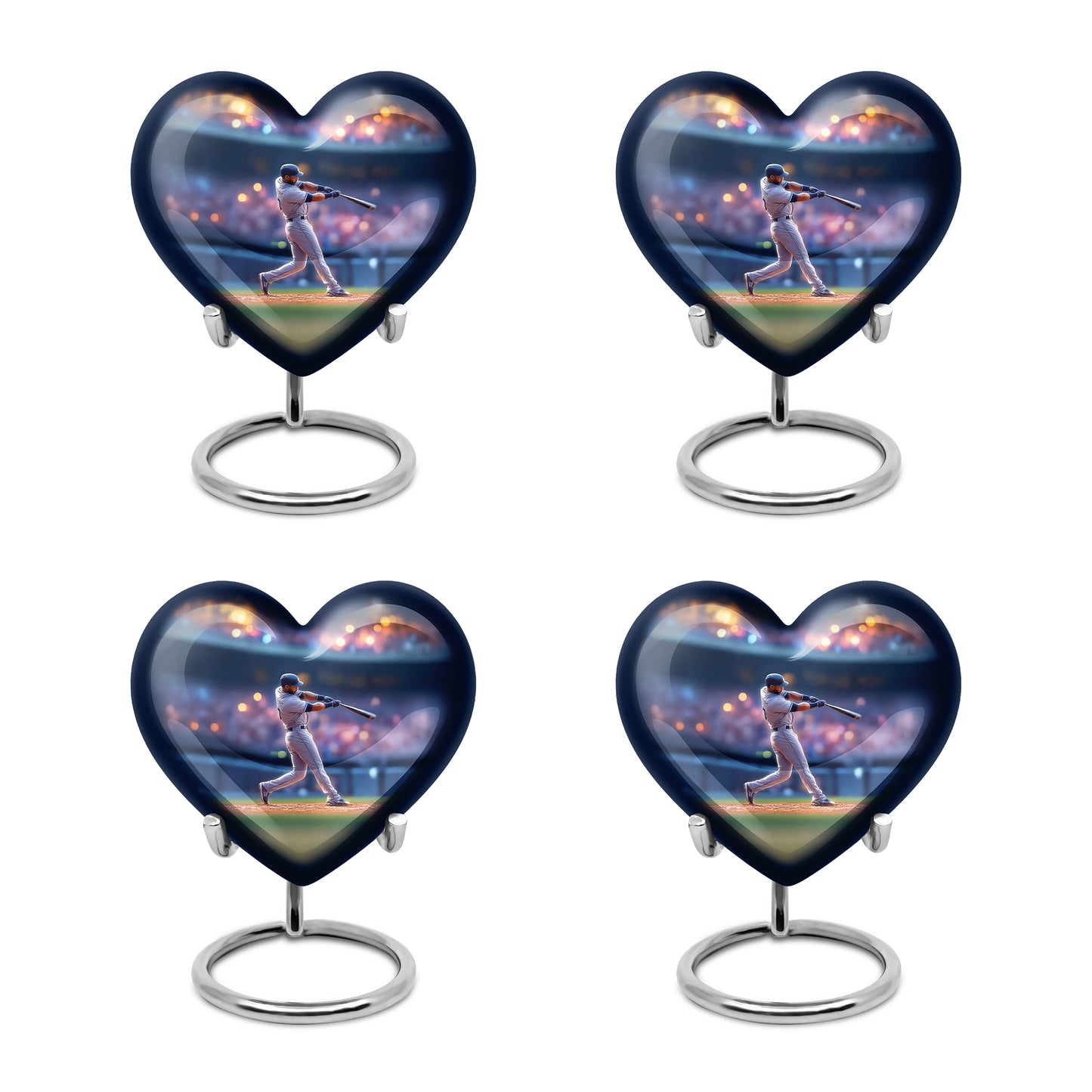 Royal Blue Baseball Cremation Urn angled view of lid and engraved motif - compassionate heart-baseball combination with gentle curves - 10 inch aluminum urn for cremated remains
