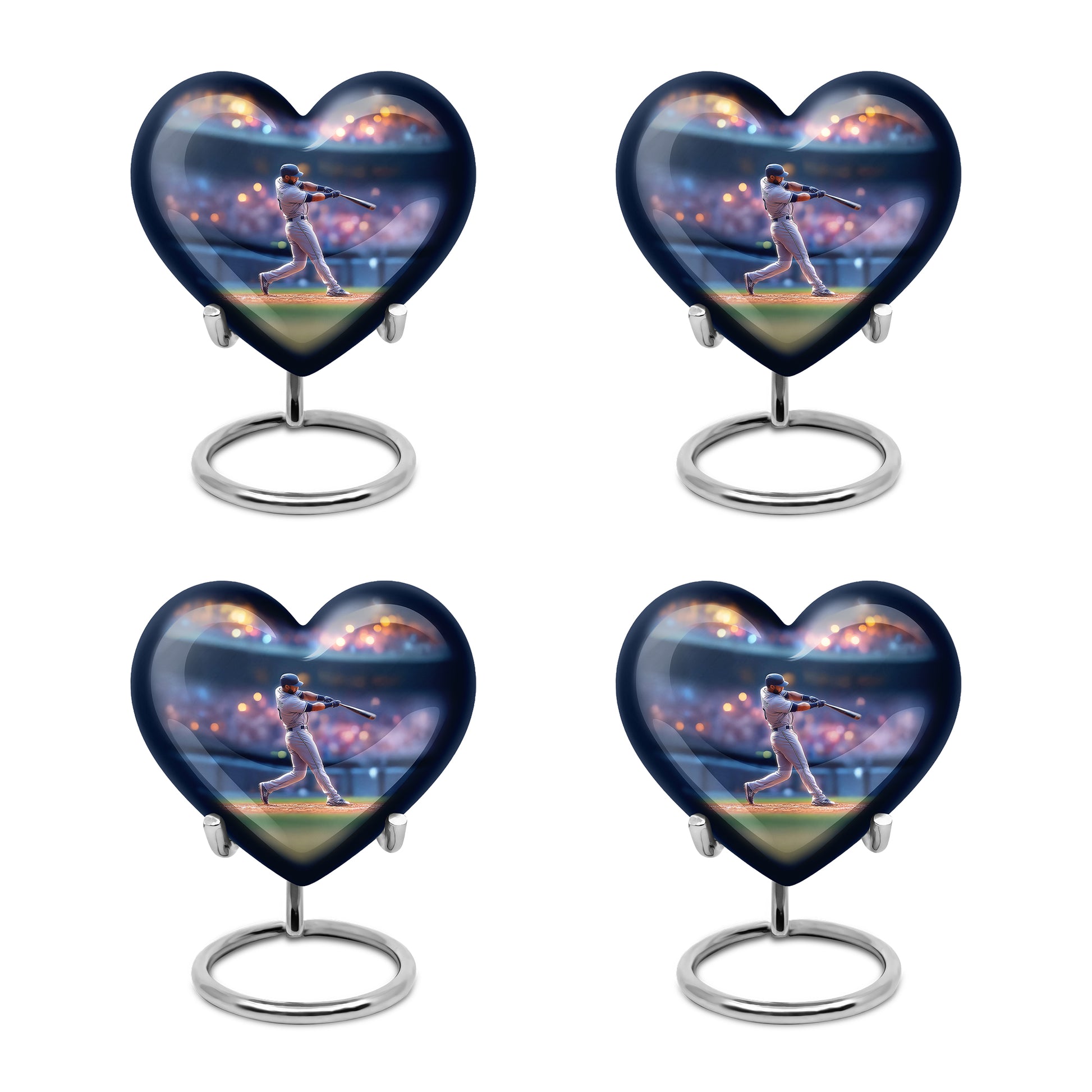 Royal Blue Baseball Cremation Urn angled view of lid and engraved motif - compassionate heart-baseball combination with gentle curves - 10 inch aluminum urn for cremated remains