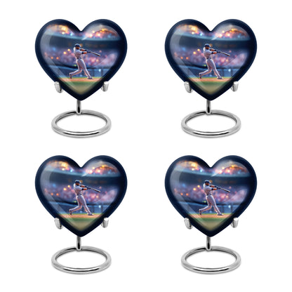 Royal Blue Baseball Cremation Urn angled view of lid and engraved motif - compassionate heart-baseball combination with gentle curves - 10 inch aluminum urn for cremated remains