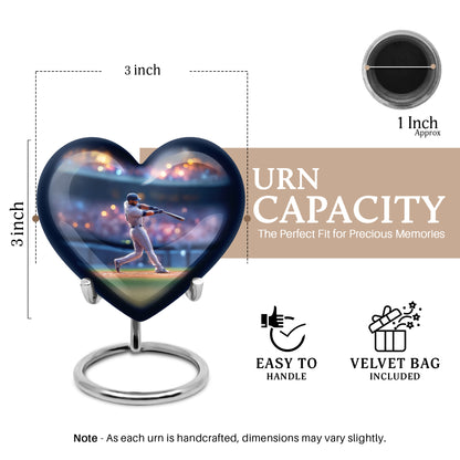 Soft Blue Baseball Cremation Urn front view showing detailed design - romantic heart urn with baseball motif on aluminum - mini keepsake memorial for portion of cremation ashes