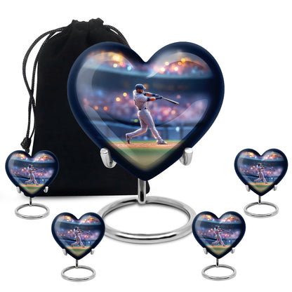 Indigo Baseball Cremation Urn close-up of engraving and surface detail - loving heart memorial featuring baseball pattern - memorial set with one large and four small urns