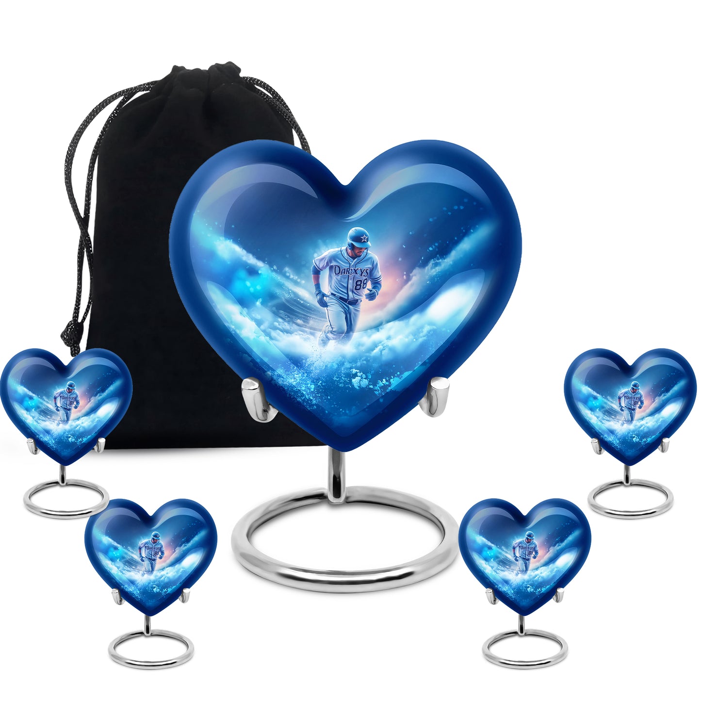 Indigo Baseball Cremation Urn close-up of engraving and surface detail - heart-shaped baseball design symbolizing eternal love - memorial set with one large and four small urns