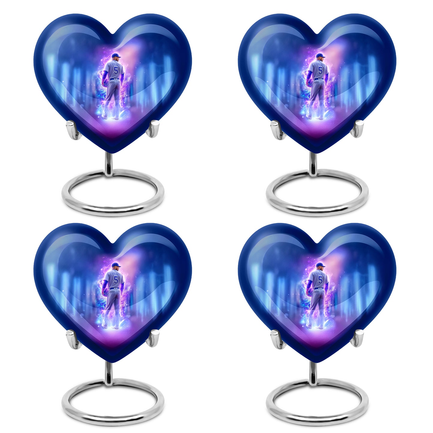 Dusty Blue Baseball Cremation Urn angled view of lid and engraved motif - heart-shaped baseball design symbolizing eternal love - 10 inch aluminum urn for cremated remains