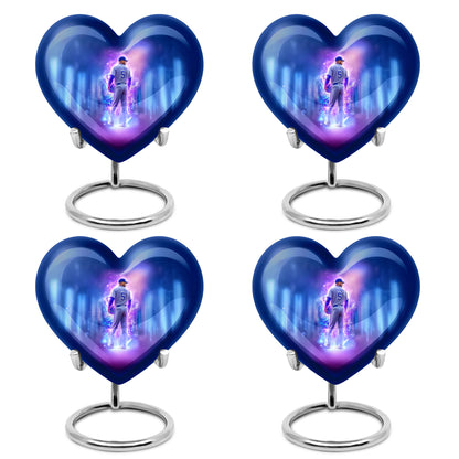 Dusty Blue Baseball Cremation Urn angled view of lid and engraved motif - heart-shaped baseball design symbolizing eternal love - 10 inch aluminum urn for cremated remains