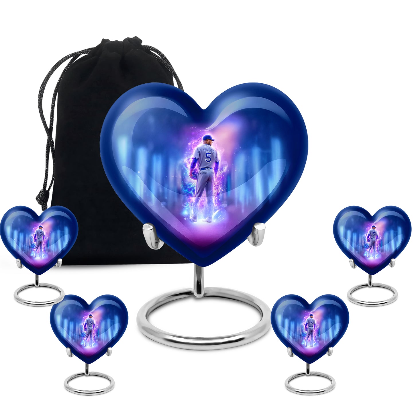 Twilight Blue Baseball Cremation Urn close-up of engraving and surface detail - romantic heart urn with baseball motif on aluminum - memorial set with one large and four small urns