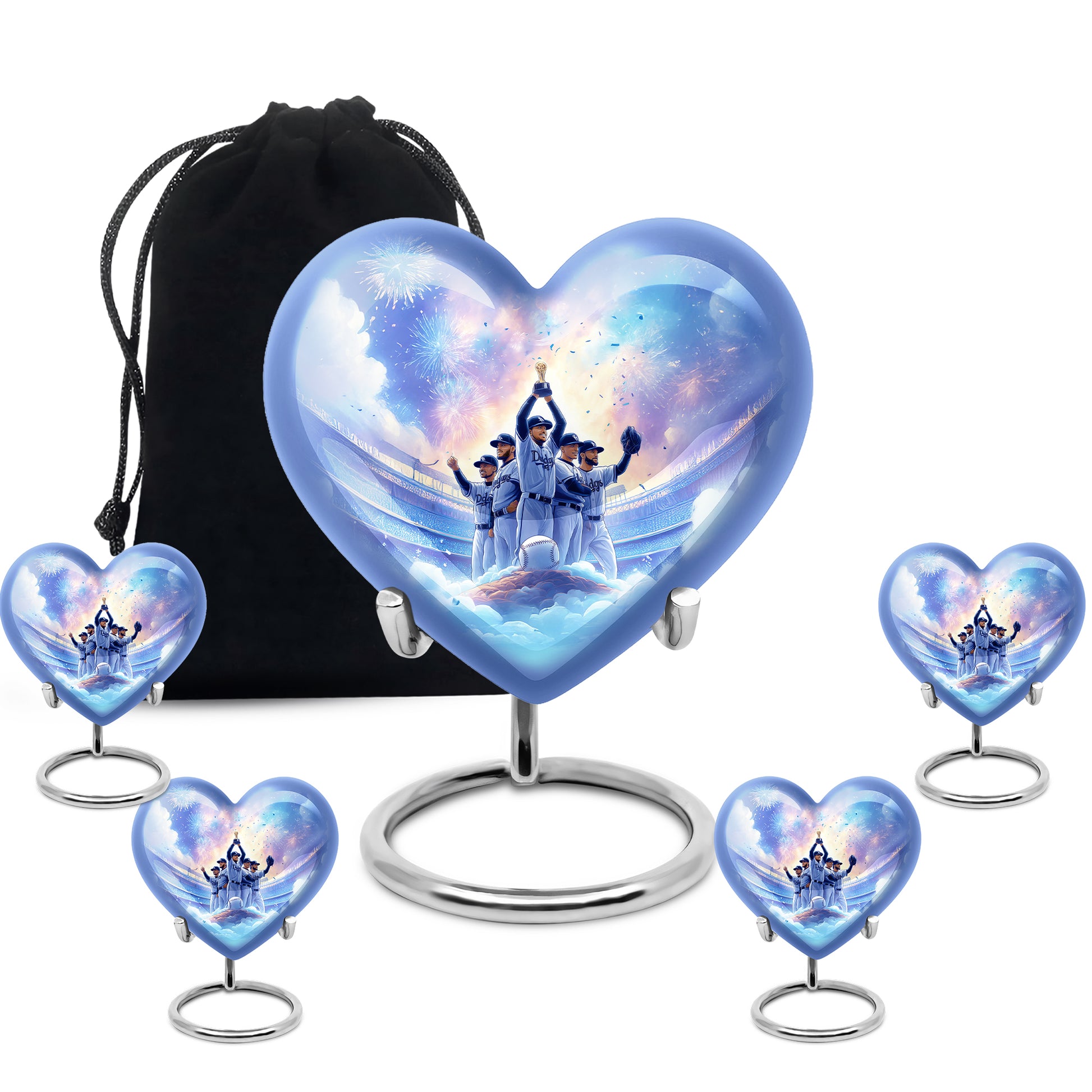 Deep Purple Baseball Cremation Urn close-up of engraving and surface detail - heart-shaped baseball design symbolizing eternal love - memorial set with one large and four small urns