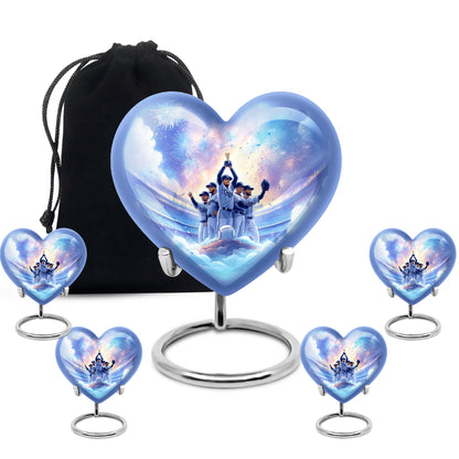 Deep Purple Baseball Cremation Urn close-up of engraving and surface detail - heart-shaped baseball design symbolizing eternal love - memorial set with one large and four small urns