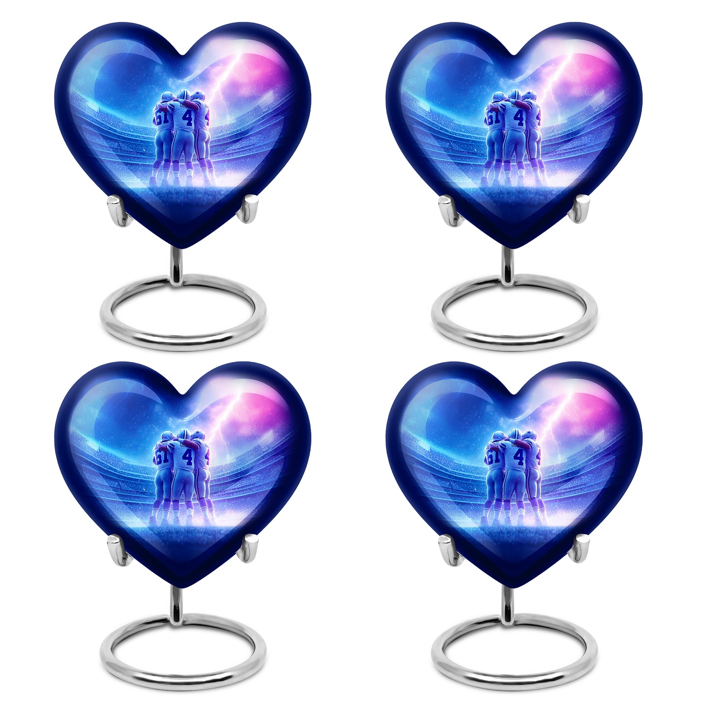 Azure Baseball Cremation Urn angled view of lid and engraved motif - loving heart memorial featuring baseball pattern - 10 inch aluminum urn for cremated remains