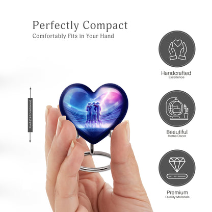 Cornflower Blue Baseball Cremation Urn front view showing detailed design - romantic heart urn with baseball motif on aluminum - mini keepsake memorial for portion of cremation ashes