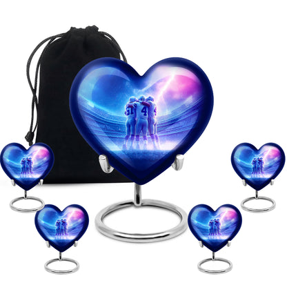 Serene Blue Baseball Cremation Urn close-up of engraving and surface detail - romantic heart urn with baseball motif on aluminum - memorial set with one large and four small urns