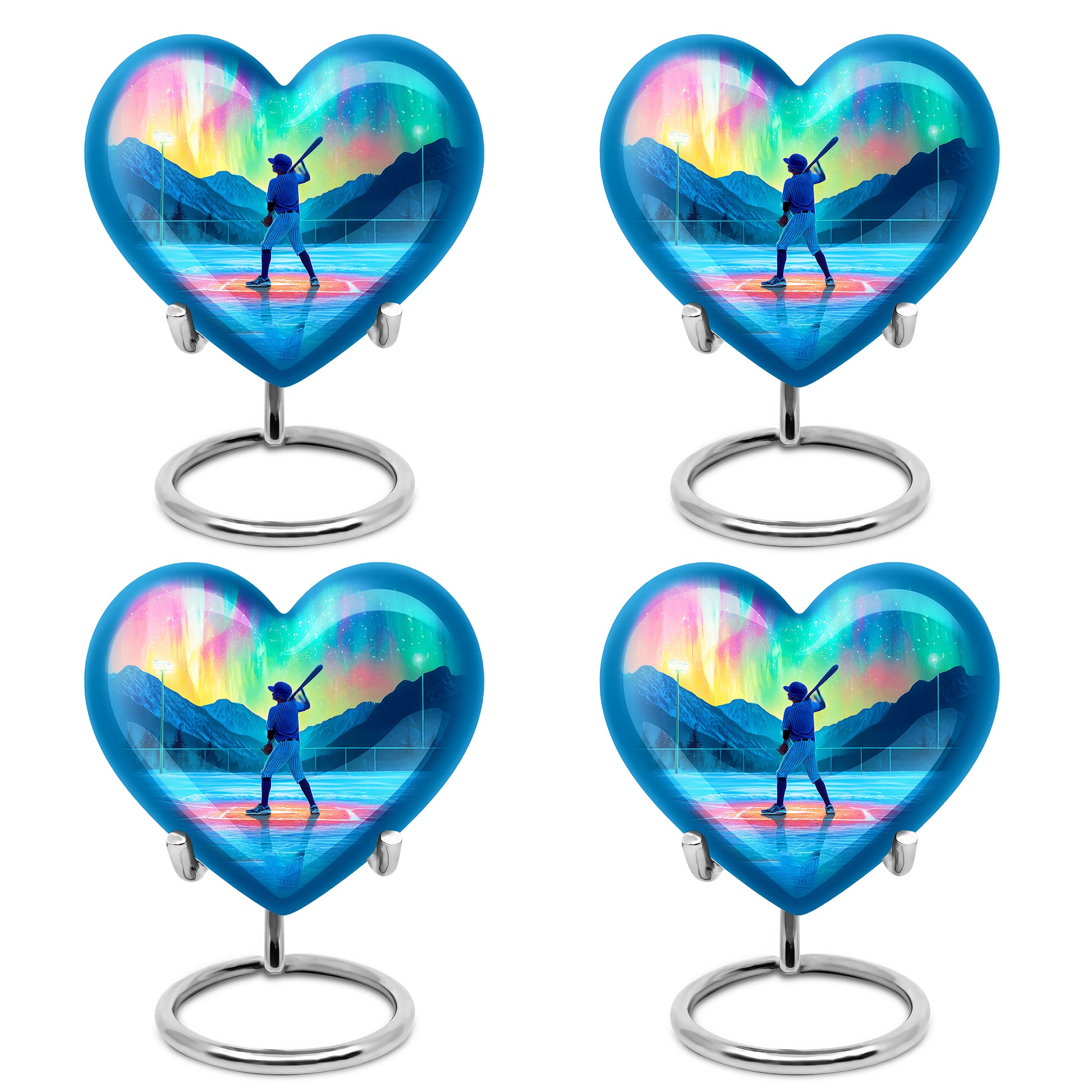 Cobalt Blue Baseball Cremation Urn angled view of lid and engraved motif - romantic heart urn with baseball motif on aluminum - 10 inch aluminum urn for cremated remains