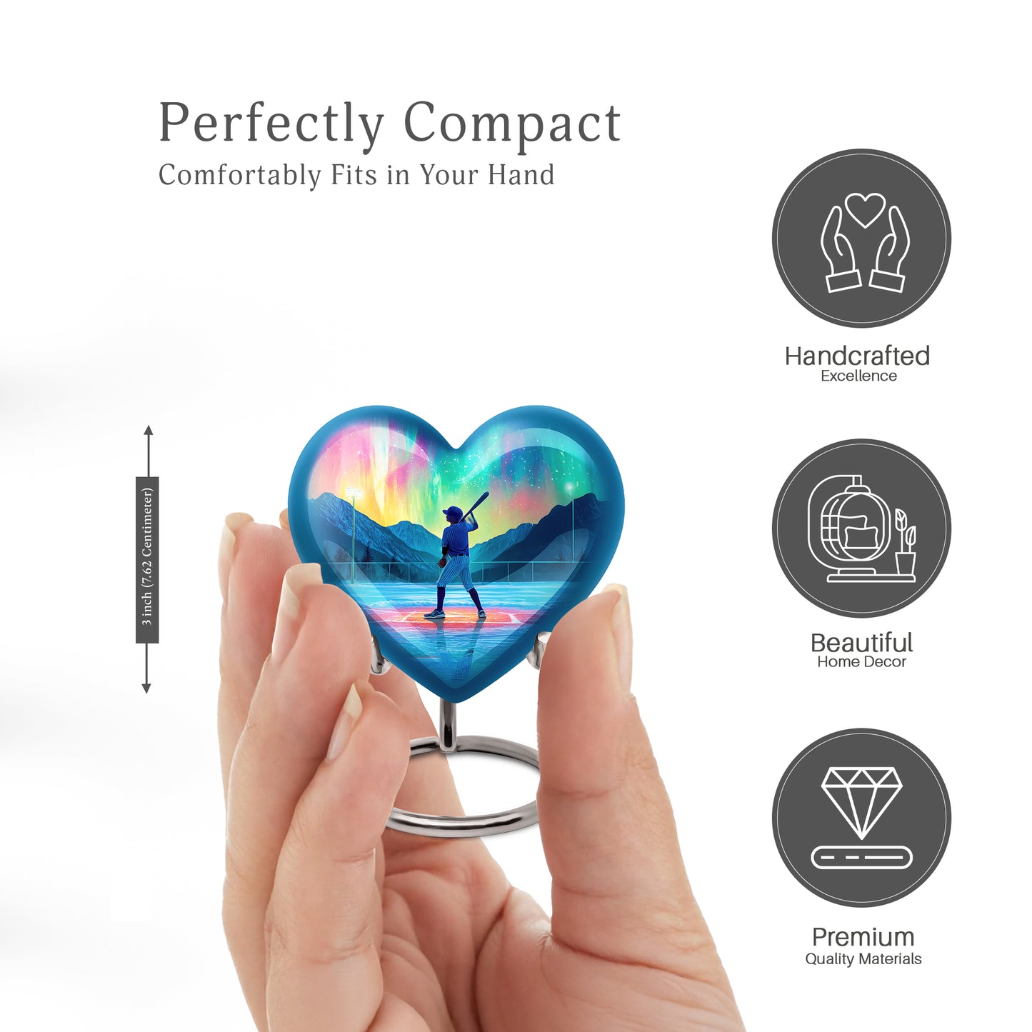 Bright Blue Baseball Cremation Urn front view showing detailed design - romantic heart urn with baseball motif on aluminum - mini keepsake memorial for portion of cremation ashes