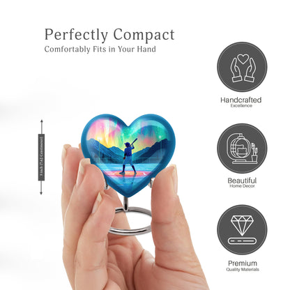 Bright Blue Baseball Cremation Urn front view showing detailed design - romantic heart urn with baseball motif on aluminum - mini keepsake memorial for portion of cremation ashes