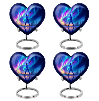 Cornflower Blue Baseball Cremation Urn angled view of lid and engraved motif - romantic heart urn with baseball motif on aluminum - 10 inch aluminum urn for cremated remains