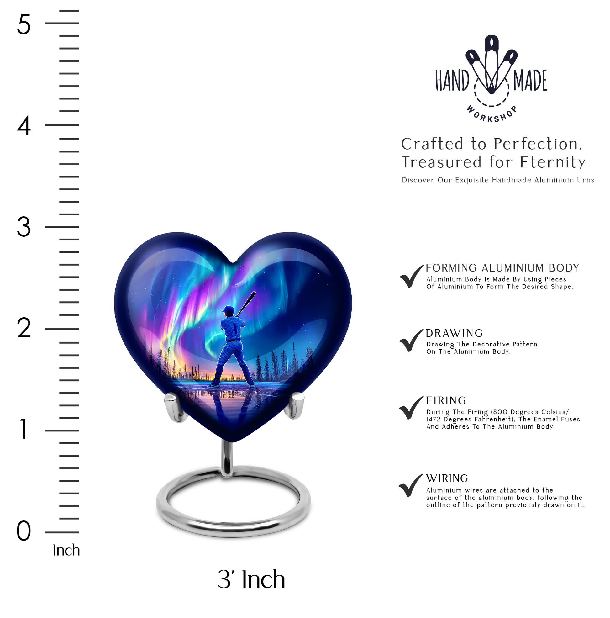 Azure Baseball Cremation Urn front view showing detailed design - heart-shaped baseball design symbolizing eternal love - mini keepsake memorial for portion of cremation ashes