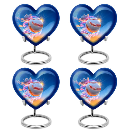 Celestial Blue Baseball Cremation Urn angled view of lid and engraved motif - loving heart memorial featuring baseball pattern - 10 inch aluminum urn for cremated remains