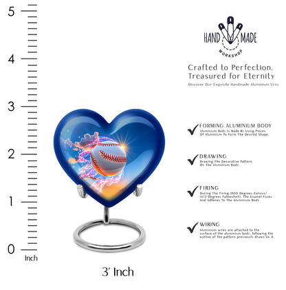 Bright Blue Baseball Cremation Urn front view showing detailed design - romantic heart urn with baseball motif on aluminum - mini keepsake memorial for portion of cremation ashes