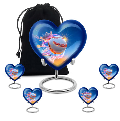 Twilight Blue Baseball Cremation Urn close-up of engraving and surface detail - compassionate heart-baseball combination with gentle curves - memorial set with one large and four small urns