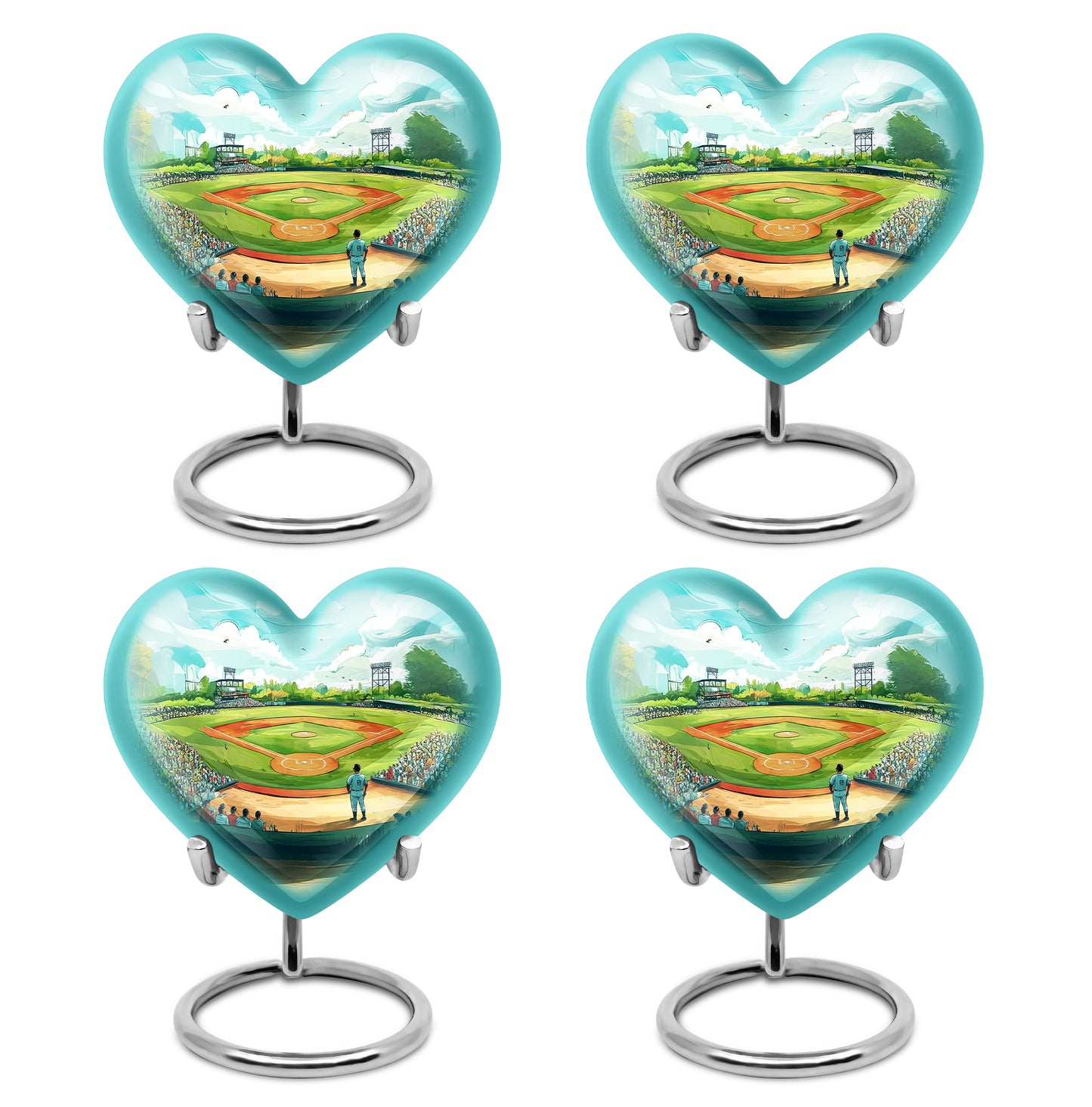 Sea Green Teal Baseball Cremation Urn angled view of lid and engraved motif - loving heart memorial featuring baseball pattern - 10 inch aluminum urn for cremated remains