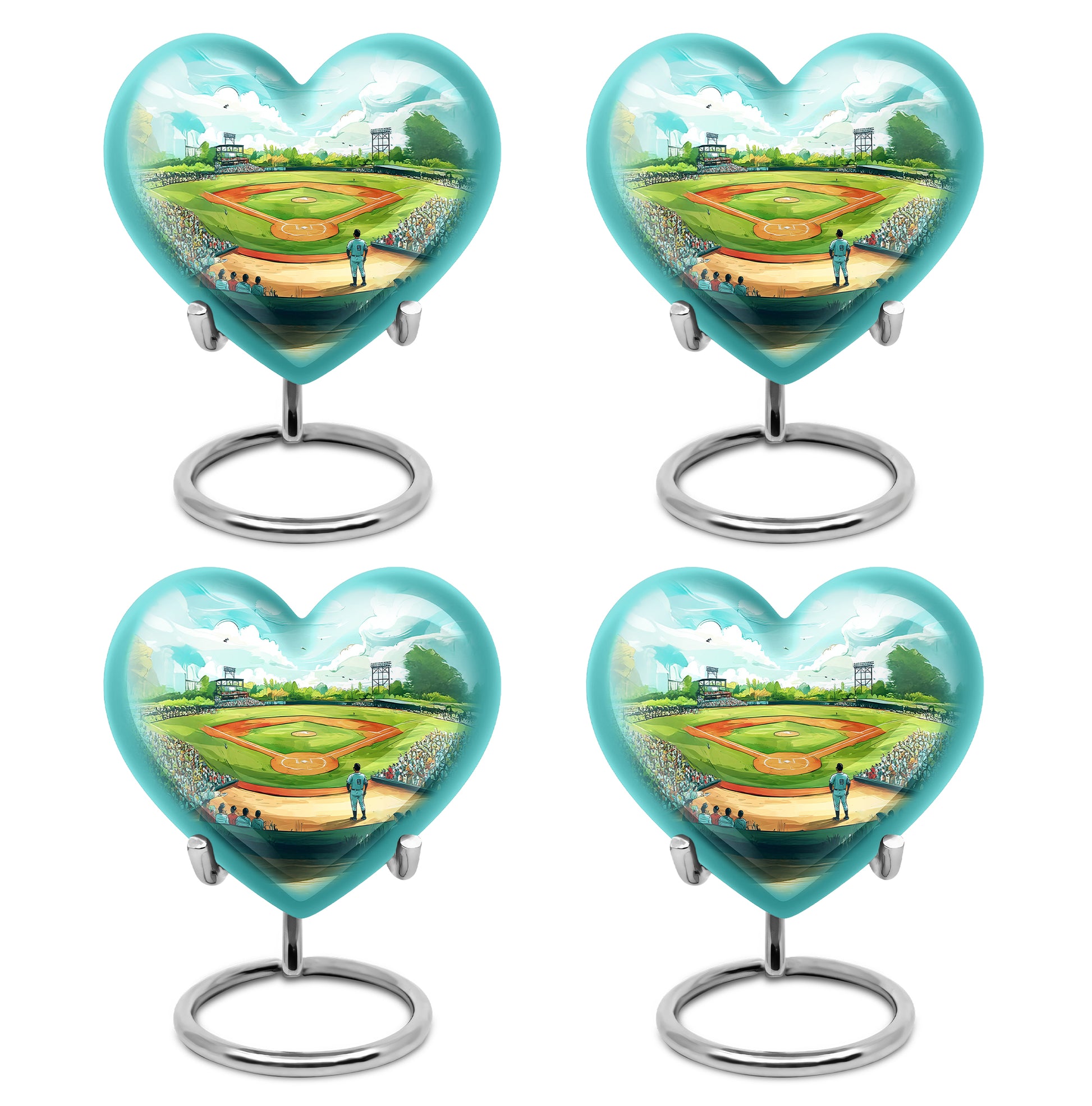 Sea Green Teal Baseball Cremation Urn angled view of lid and engraved motif - loving heart memorial featuring baseball pattern - 10 inch aluminum urn for cremated remains