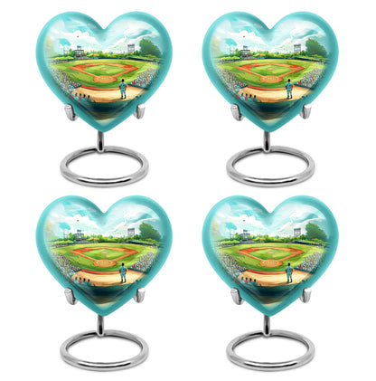 Sea Green Teal Baseball Cremation Urn angled view of lid and engraved motif - loving heart memorial featuring baseball pattern - 10 inch aluminum urn for cremated remains