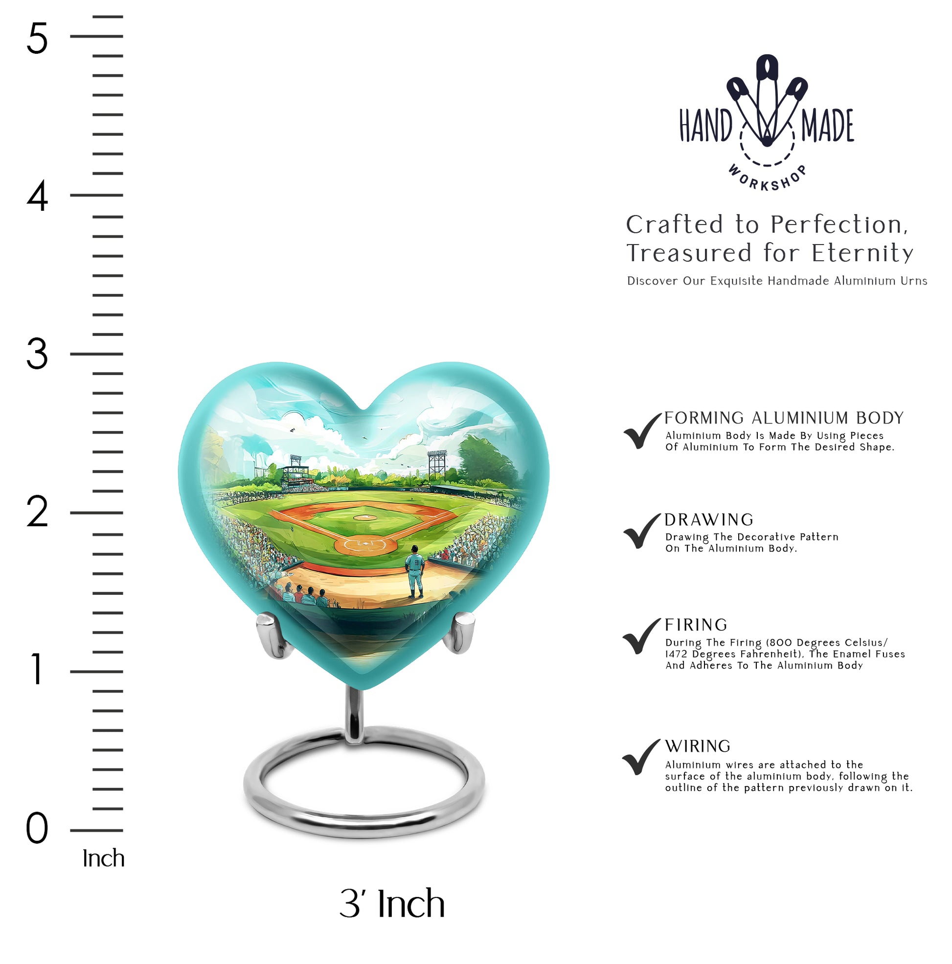 Soft Teal Baseball Cremation Urn front view showing detailed design - heart-shaped baseball design symbolizing eternal love - mini keepsake memorial for portion of cremation ashes