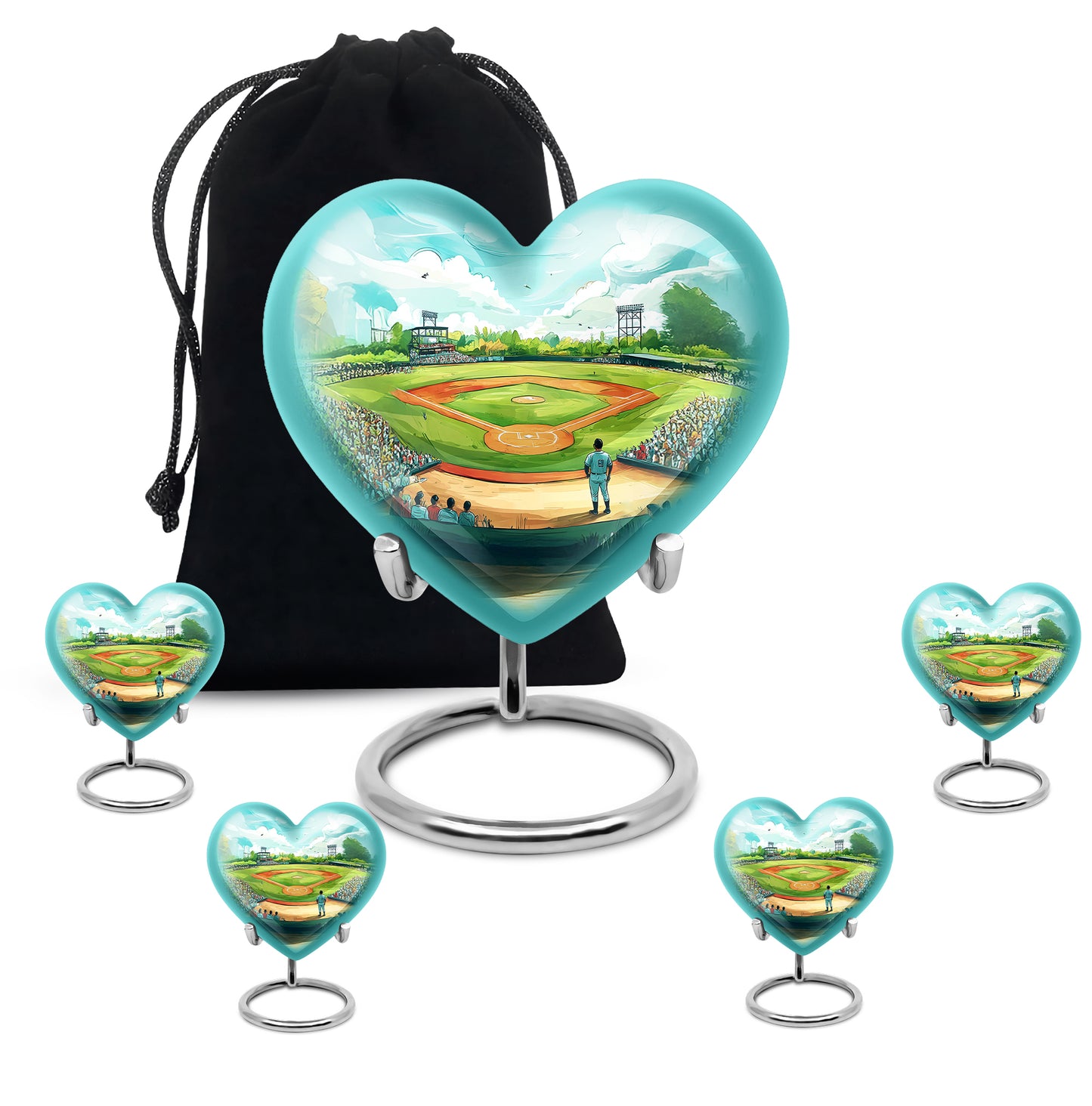 Deep Teal Baseball Cremation Urn close-up of engraving and surface detail - romantic heart urn with baseball motif on aluminum - memorial set with one large and four small urns