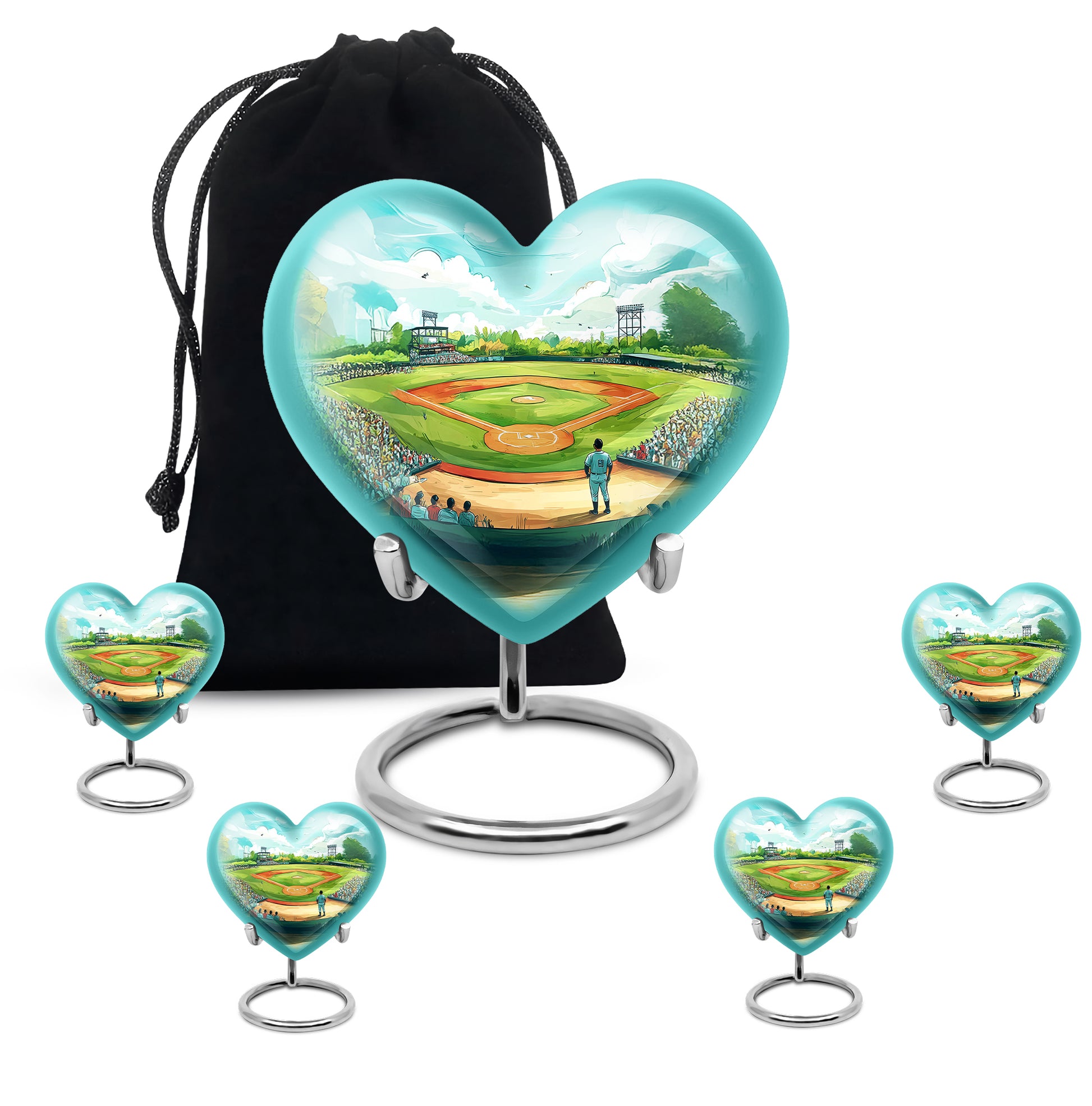 Deep Teal Baseball Cremation Urn close-up of engraving and surface detail - romantic heart urn with baseball motif on aluminum - memorial set with one large and four small urns