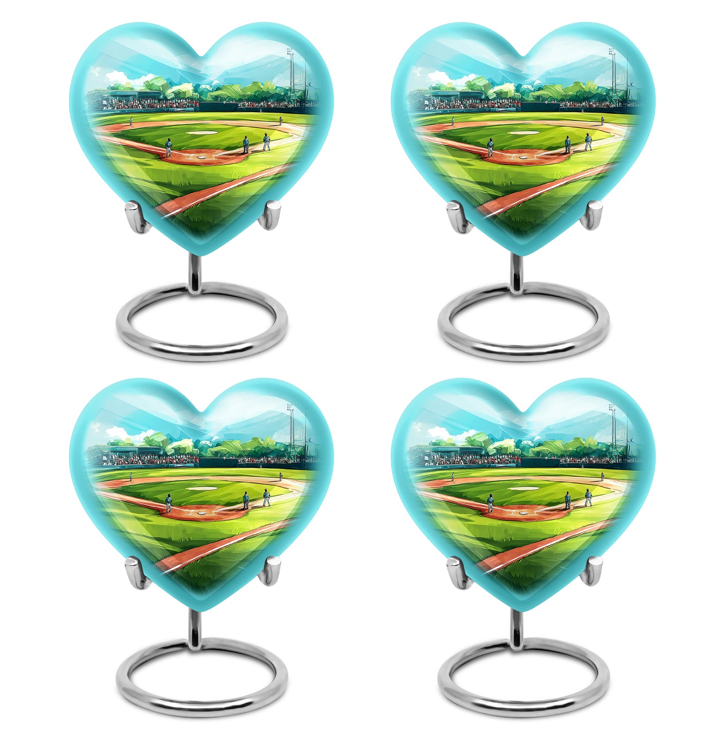 Cool Teal Baseball Cremation Urn angled view of lid and engraved motif - loving heart memorial featuring baseball pattern - 10 inch aluminum urn for cremated remains