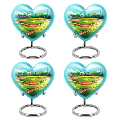 Cool Teal Baseball Cremation Urn angled view of lid and engraved motif - loving heart memorial featuring baseball pattern - 10 inch aluminum urn for cremated remains
