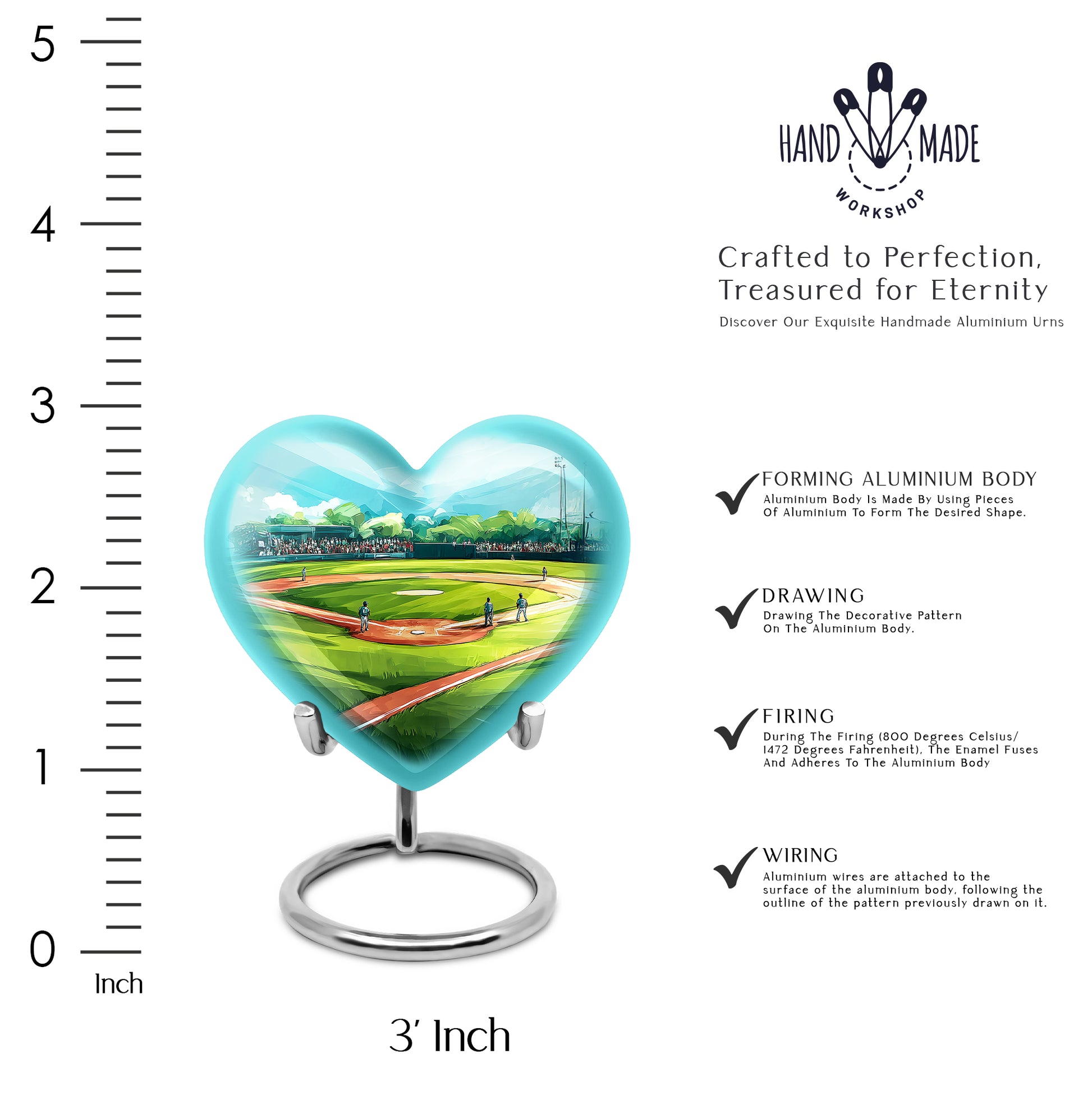 Cool Teal Baseball Cremation Urn front view showing detailed design - loving heart memorial featuring baseball pattern - mini keepsake memorial for portion of cremation ashes