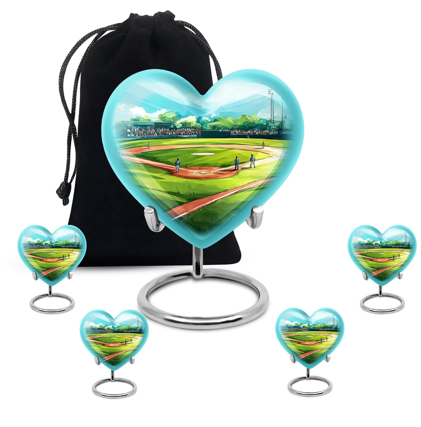 Ocean Teal Baseball Cremation Urn close-up of engraving and surface detail - loving heart memorial featuring baseball pattern - memorial set with one large and four small urns