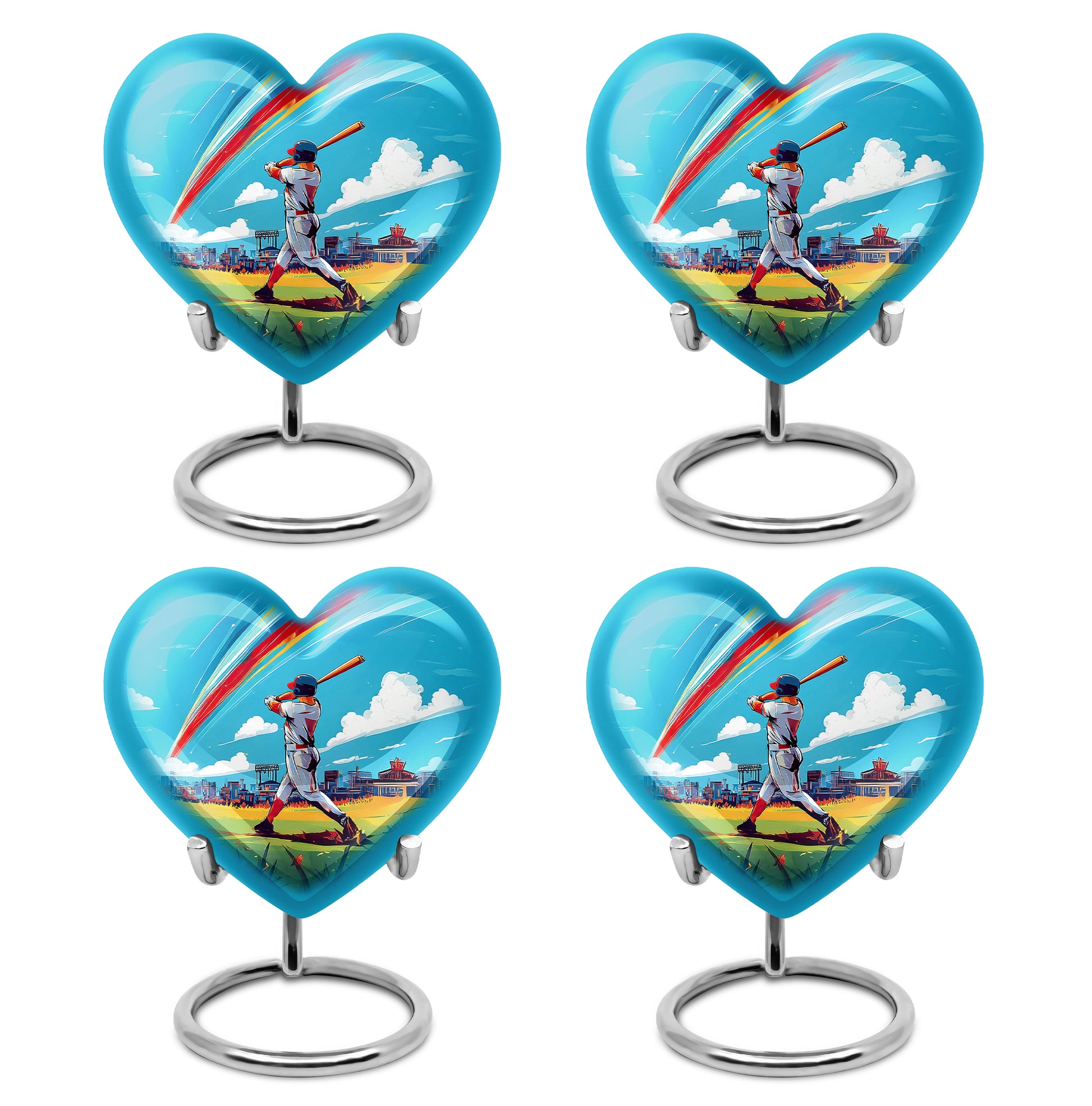 Soft Teal Baseball Cremation Urn angled view of lid and engraved motif - heart-shaped baseball design symbolizing eternal love - 10 inch aluminum urn for cremated remains