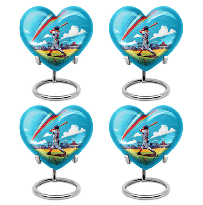 Soft Teal Baseball Cremation Urn angled view of lid and engraved motif - heart-shaped baseball design symbolizing eternal love - 10 inch aluminum urn for cremated remains