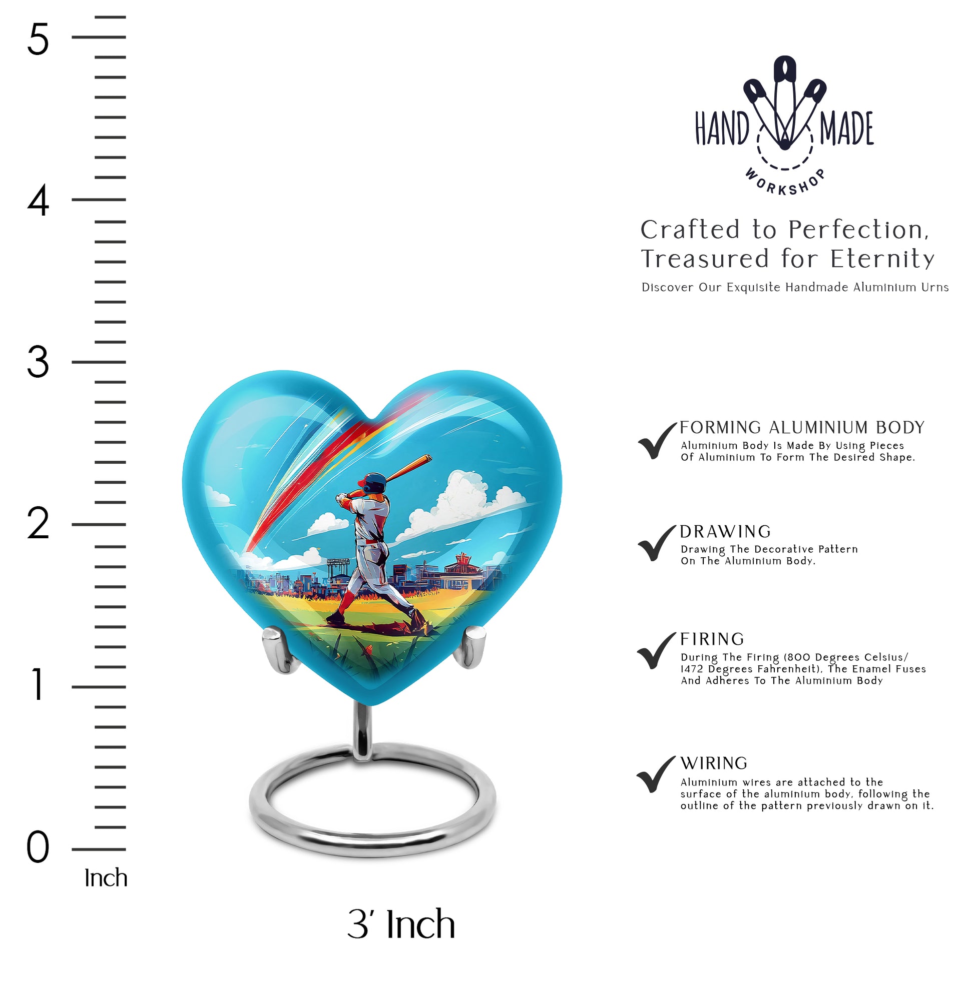 Vivid Teal Baseball Cremation Urn front view showing detailed design - romantic heart urn with baseball motif on aluminum - mini keepsake memorial for portion of cremation ashes