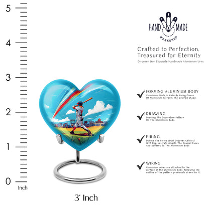 Vivid Teal Baseball Cremation Urn front view showing detailed design - romantic heart urn with baseball motif on aluminum - mini keepsake memorial for portion of cremation ashes