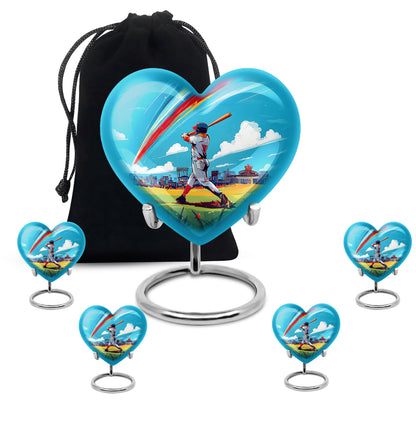Jewel Teal Baseball Cremation Urn close-up of engraving and surface detail - loving heart memorial featuring baseball pattern - memorial set with one large and four small urns