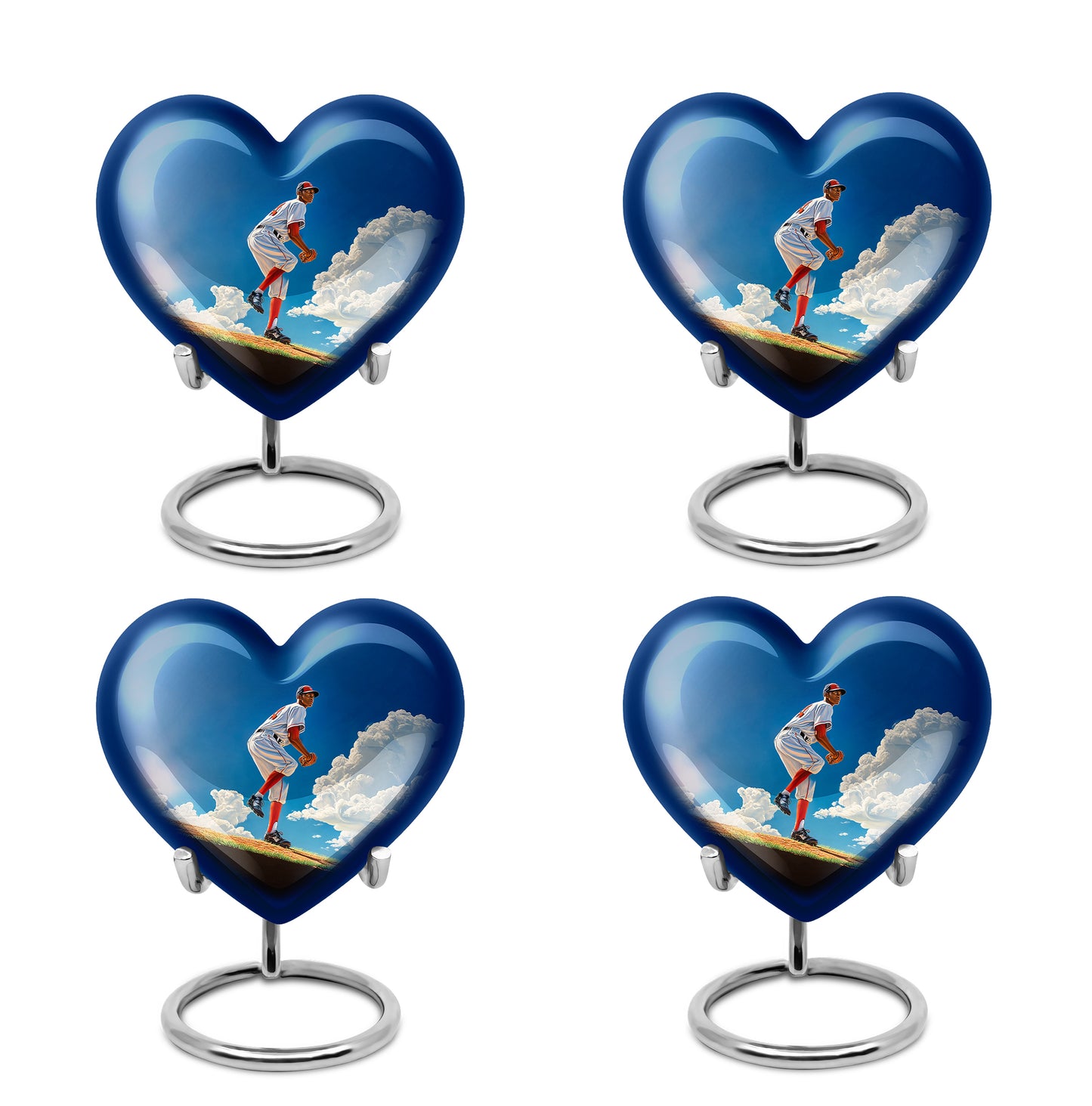 Sky Blue Baseball Cremation Urn angled view of lid and engraved motif - heart-shaped baseball design symbolizing eternal love - 10 inch aluminum urn for cremated remains